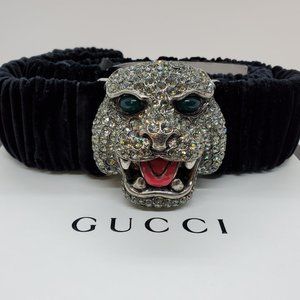 Gucci Velvet Belt With Feline Crystal Head Buckle.